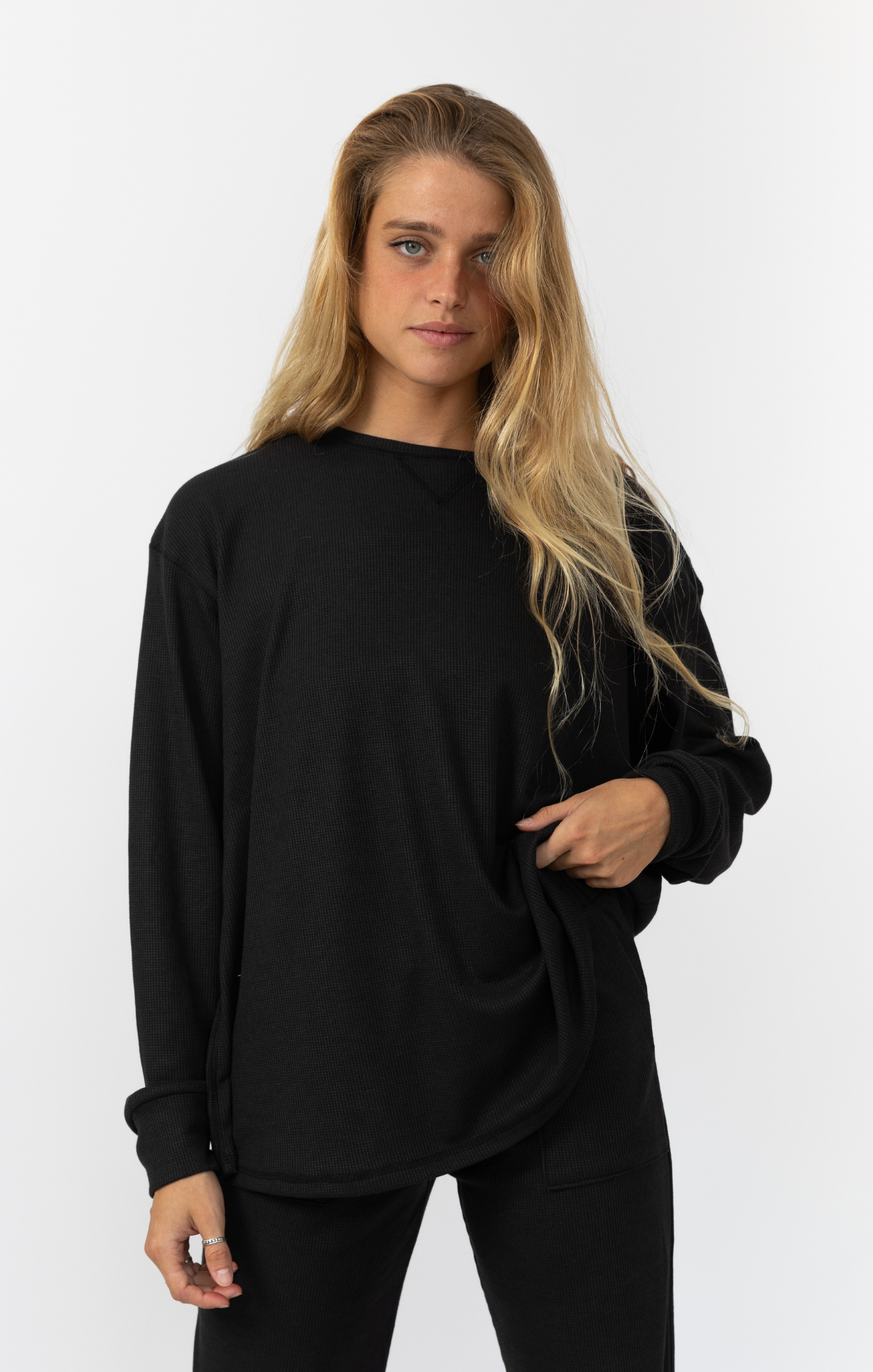 Black- Waffle Long Shirt