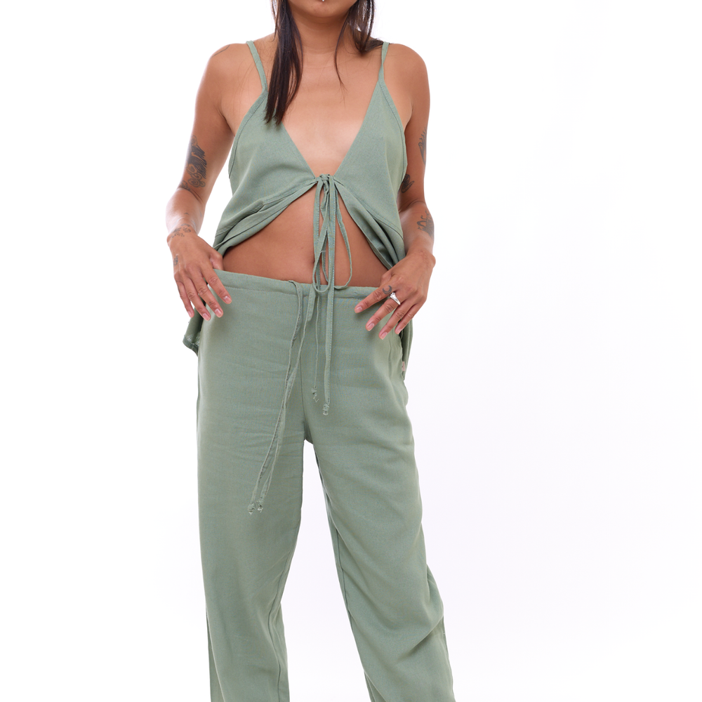 Green - Woman Linen Long Pants