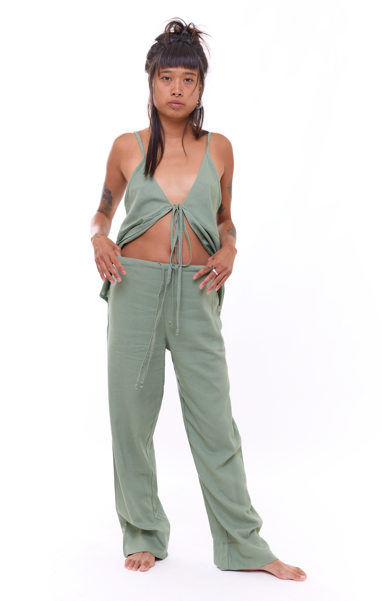 Green - Woman Linen Long Pants