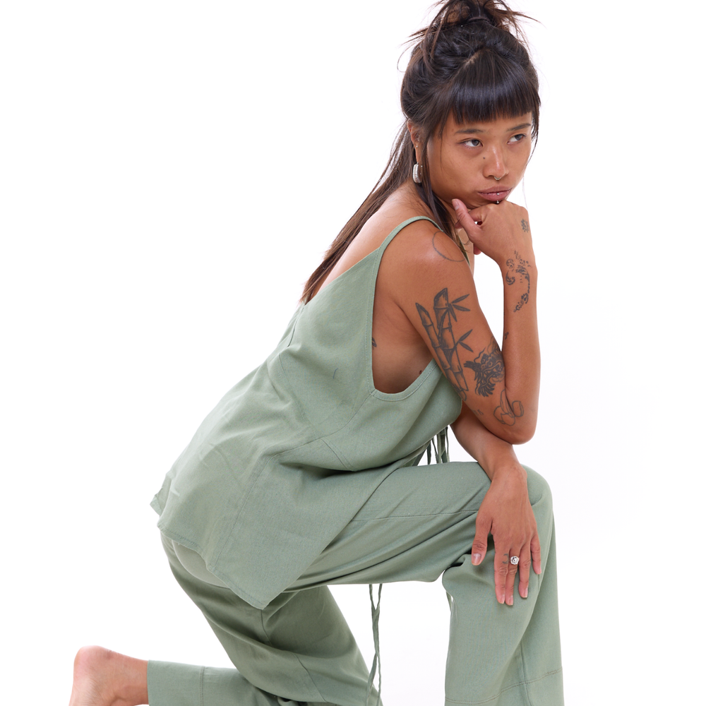 Green - Woman Linen Long Pants