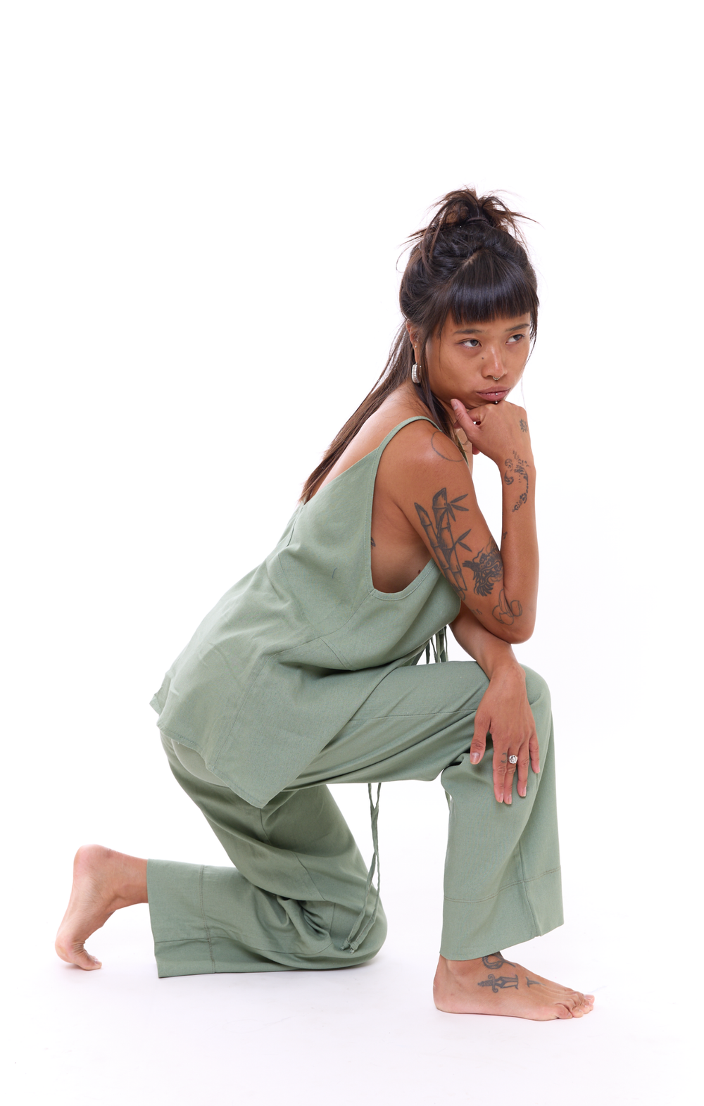 Green - Woman Linen Long Pants